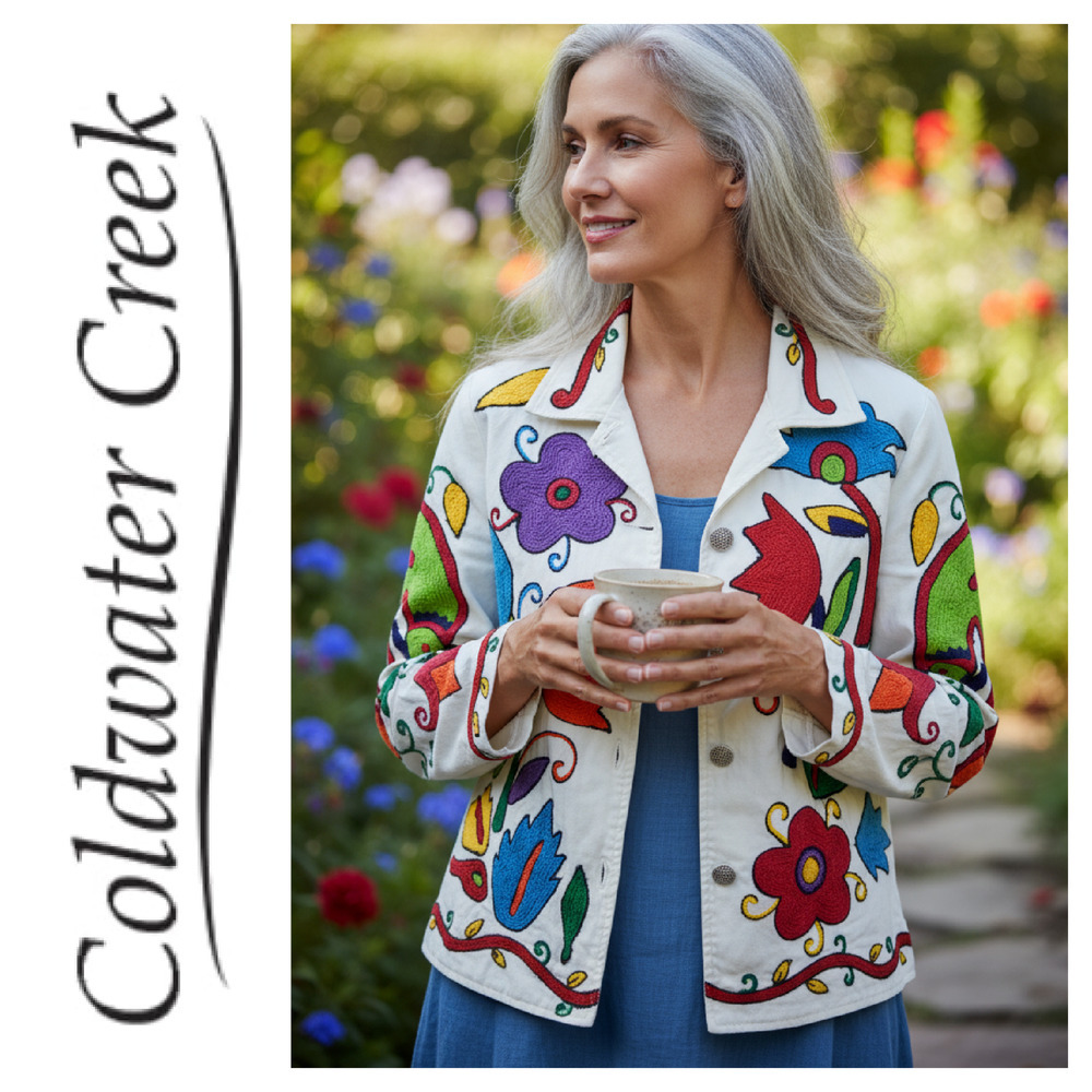 Coldwater Creek Cream Jacket with Multicolor Floral Embroidery